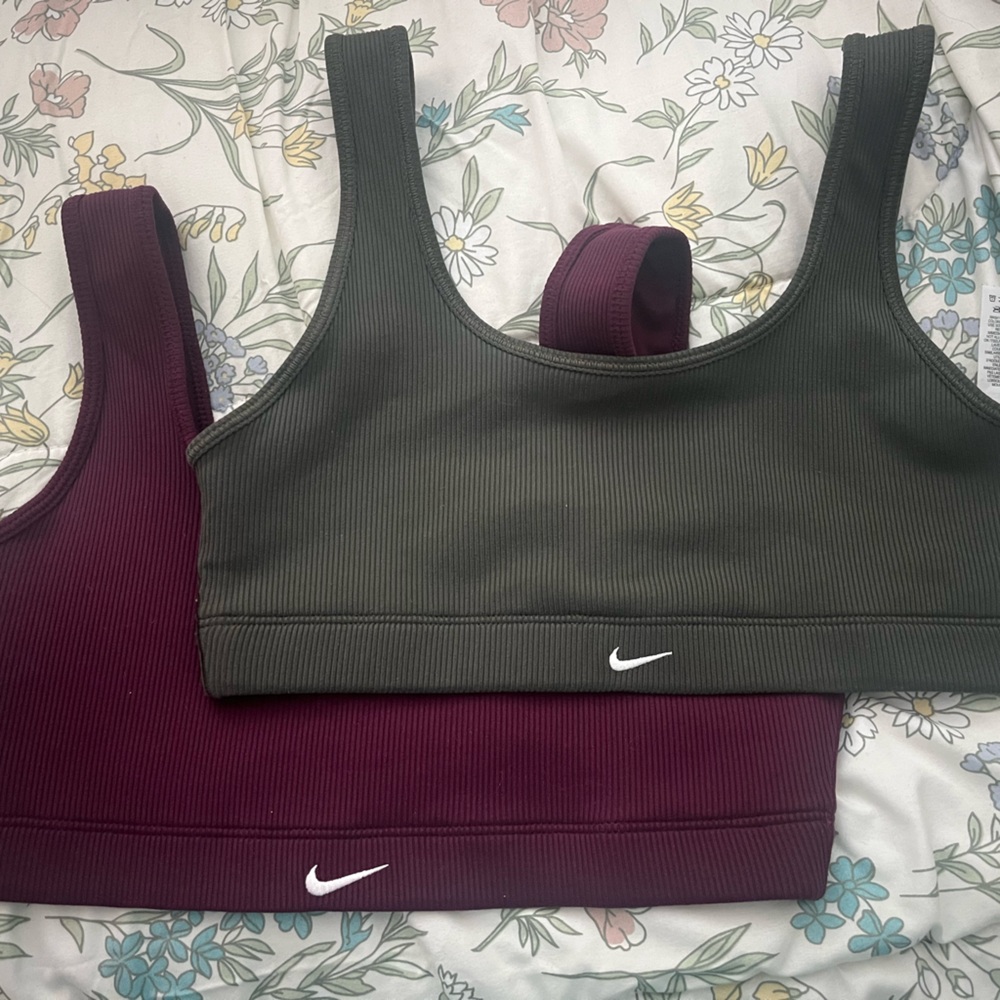 Nike Ribbed Sports Bras in Burgundy and Olive